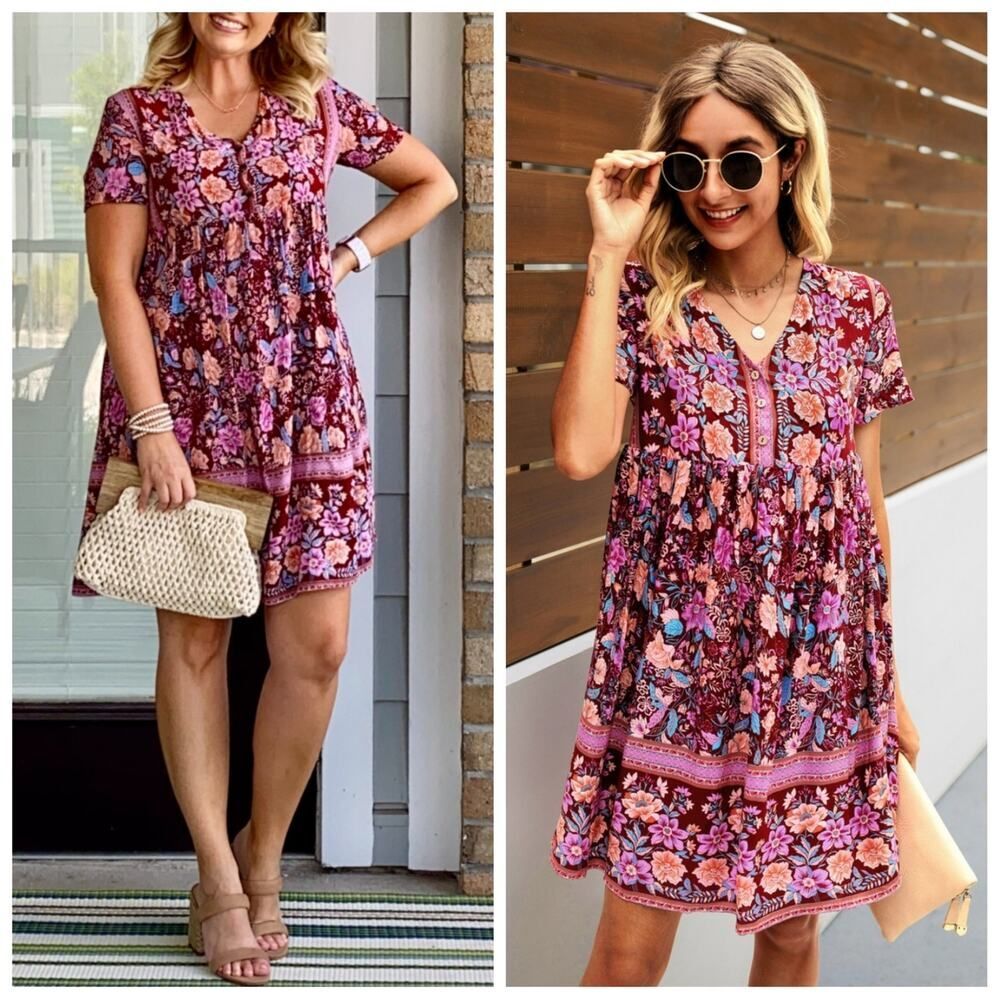 ePretty floral boho V-neck mini dress sz XL